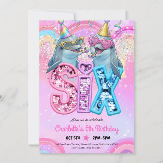 Invitación Fiesta de Cumpleaños 6 años Pastel Delfín Piscina