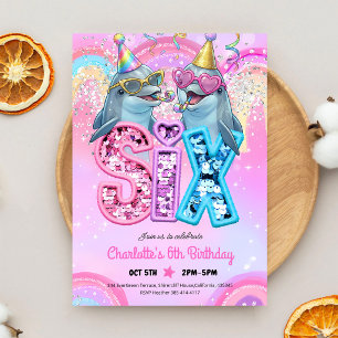 Invitación Fiesta de Cumpleaños 6 años Pastel Delfín Piscina