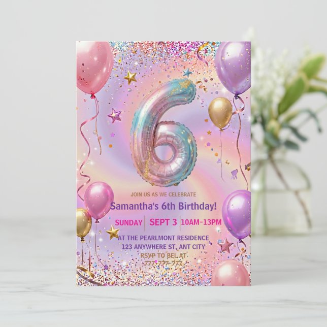 Invitación Fiesta de cumpleaños 6 Brillante Chispa Arcoíris (Anverso de pie)