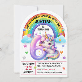 Invitación Fiesta de Cumpleaños 6 Cute Arcoíris y Unicornio