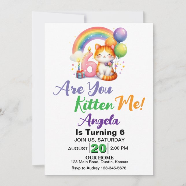 Invitación Fiesta de cumpleaños 6 de Cute Kitten (Anverso)