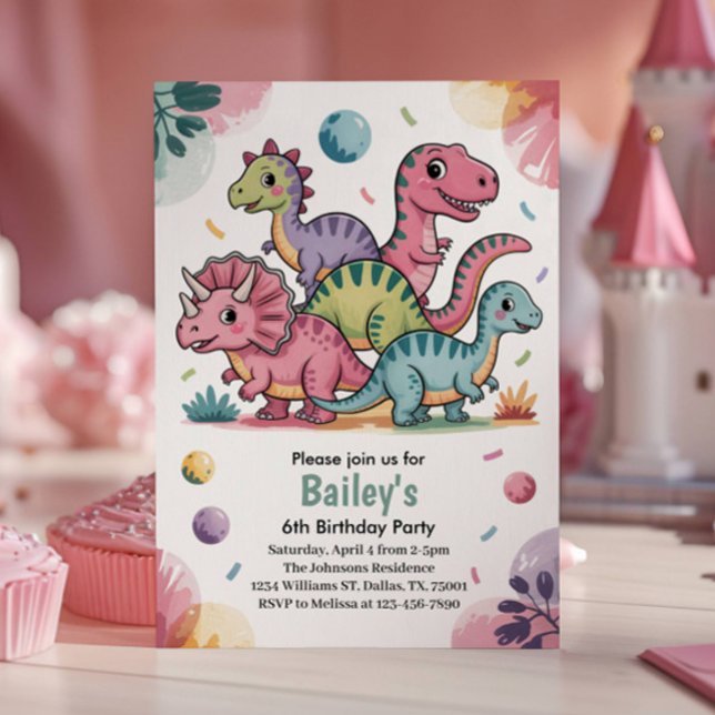 Invitación Fiesta de Cumpleaños 6 de Dinosaurio Rosa Lindo pa (Subido por el creador)