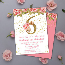 Invitación Fiesta de cumpleaños 6 de temática floral de rosas