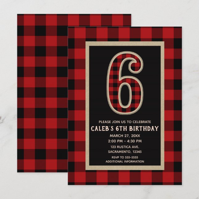 Invitación Fiesta de Cumpleaños 6 Plaid Búfalo Rojo Rústico N (Anverso / Reverso)
