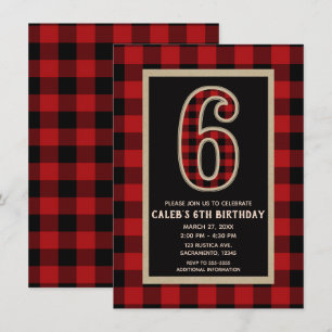 Invitación Fiesta de Cumpleaños 6 Plaid Búfalo Rojo Rústico N