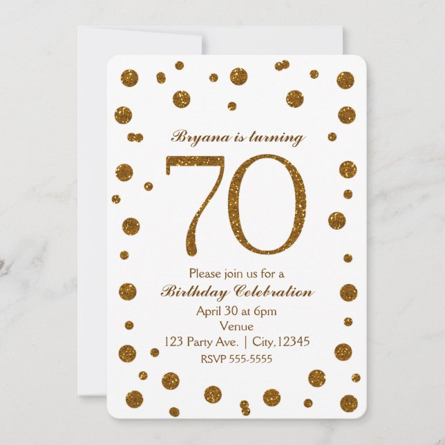 Invitación Fiesta de Cumpleaños 70 Años 70 Dots Brillo Blanco (Anverso)