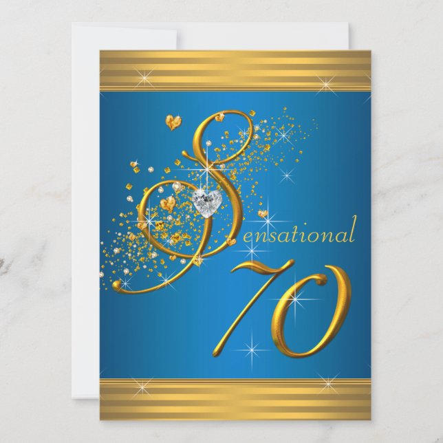 Invitación Fiesta de cumpleaños 70 Aqua Blue y Gold (Anverso)