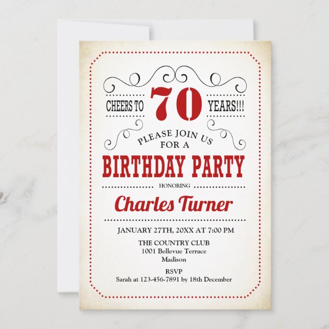 Invitación Fiesta de cumpleaños 70 - Blanco y rojo cremoso re (Anverso)