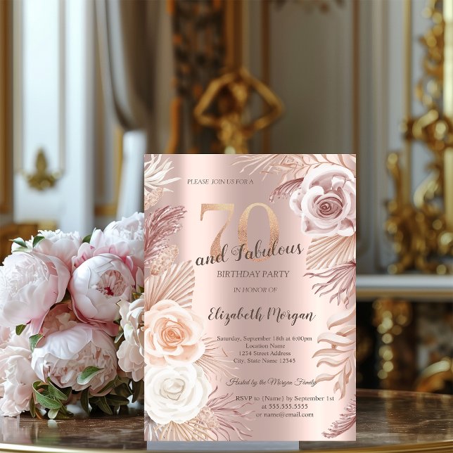 Invitación Fiesta de Cumpleaños 70 Boho Flores Rosa Dorado (Subido por el creador)