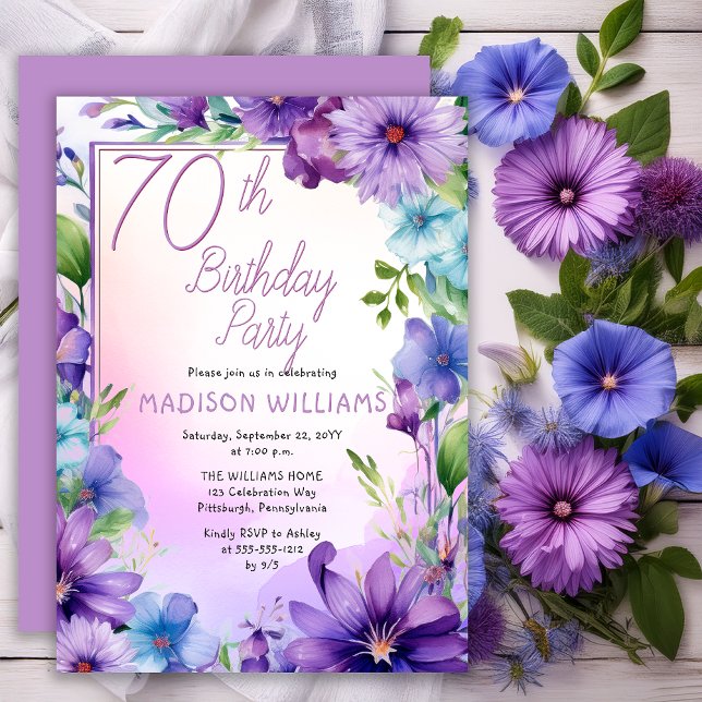 Invitación Fiesta de cumpleaños 70 Boho Morning Glories Flora (Elegant Boho Aster | Morning Glories Floral 70th Birthday Party Invitation Print | Digital Download)