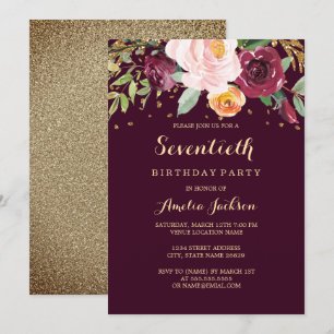 Invitación Fiesta de cumpleaños 70 Burgundy Gold Floral Glitt