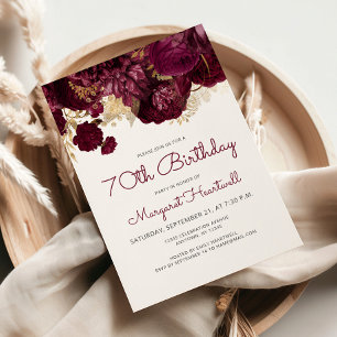 Invitación Fiesta de cumpleaños 70 Burgundy Red Floral