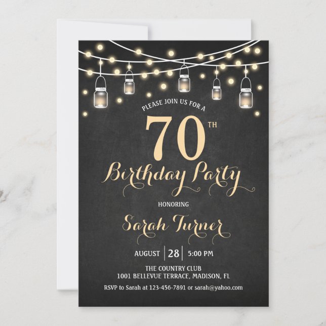 Invitación Fiesta de cumpleaños 70 - Chalkboard Gold (Anverso)