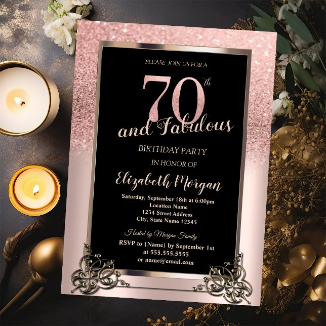 Invitación Fiesta de Cumpleaños 70 Chic Rosa Dorado Glitter O (Subido por el creador)
