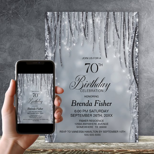 Invitación Fiesta de cumpleaños 70 con brillo negro y plata (Subido por el creador)