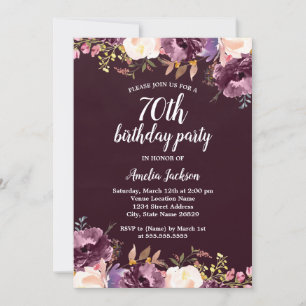 Invitación Fiesta de cumpleaños 70 con flor de púrpura acuare