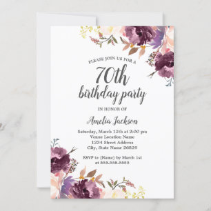 Invitación Fiesta de Cumpleaños 70 con Flores de Acuarela Mor