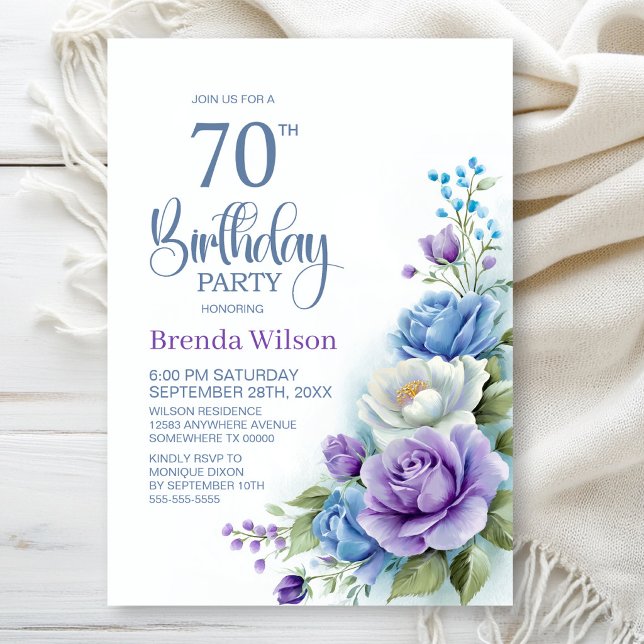 Invitación Fiesta de cumpleaños 70 con flores púrpura y azul (Subido por el creador)