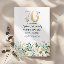 Invitación Fiesta de cumpleaños 70 con flores verdes y blanca