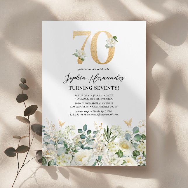 Invitación Fiesta de cumpleaños 70 con flores verdes y blanca (Subido por el creador)