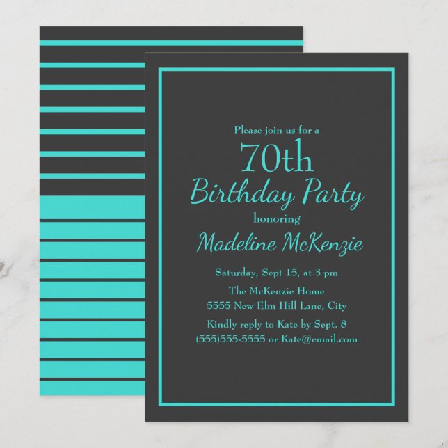 Invitación Fiesta de cumpleaños 70 con rayas de turquesa negr (Anverso / Reverso)