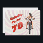 Invitación Fiesta de cumpleaños 70 con un chica en moto<br><div class="desc">Una chica montando una motocicleta con el viento soplando su pelo. ¡Una gran carta para el hombre que ama sus bicicletas! Todos los derechos de autor de las obras de arte Norma Cornes</div>