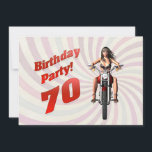 Invitación Fiesta de cumpleaños 70 con un chica en moto<br><div class="desc">Una chica montando una motocicleta con el viento soplando su pelo. ¡Una gran carta para el hombre que ama sus bicicletas! Todos los derechos de autor de las obras de arte Norma Cornes</div>