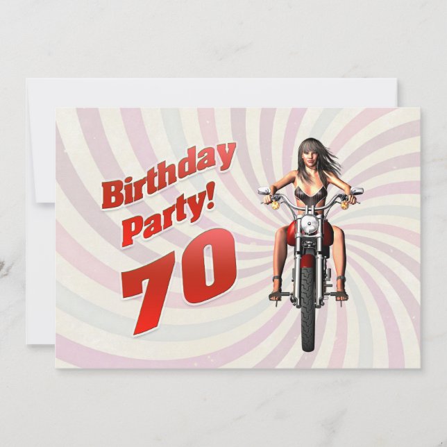 Invitación fiesta de cumpleaños 70 con un chica en moto (Anverso)