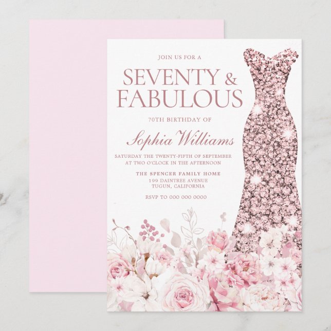 Invitación Fiesta de cumpleaños 70 con vestido de oro floral  (Anverso / Reverso)