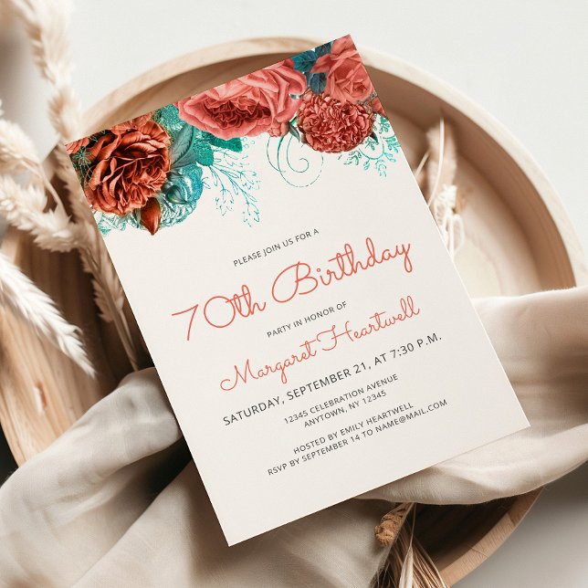 Invitación Fiesta de cumpleaños 70 Coral Azul Floral (Subido por el creador)