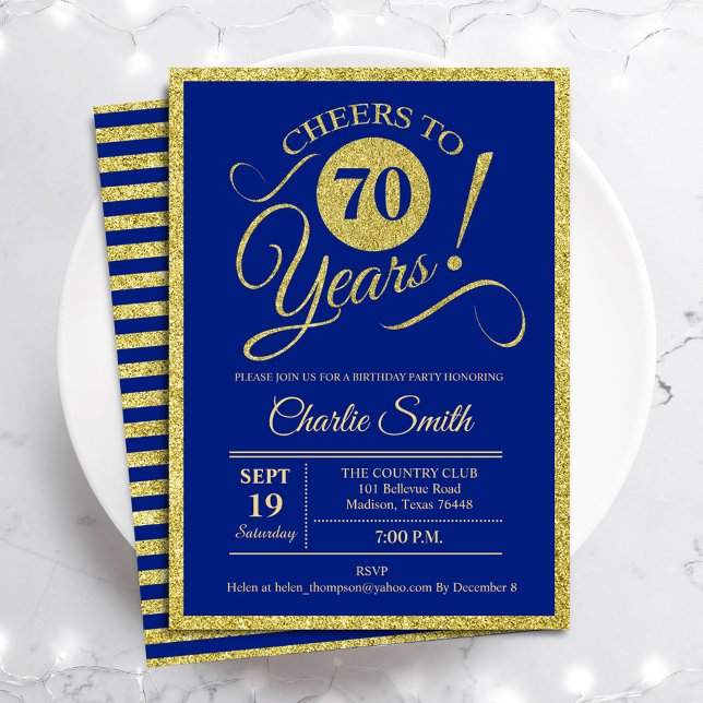 Invitación Fiesta de cumpleaños 70 - CUALQUIER EDAD Oro Azul  (Subido por el creador)