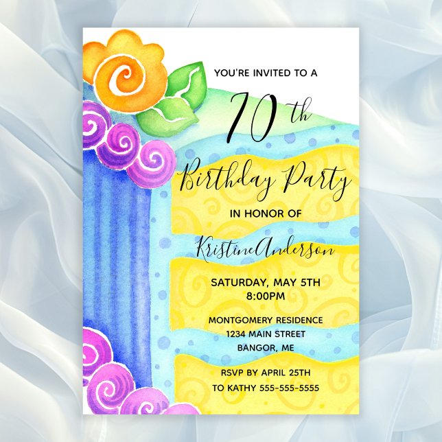 Invitación Fiesta de cumpleaños 70 de Aqua Blue Yellow Cake F (70th Birthday Party Invitation with a piece of cake decorated with aqua blue frosting)
