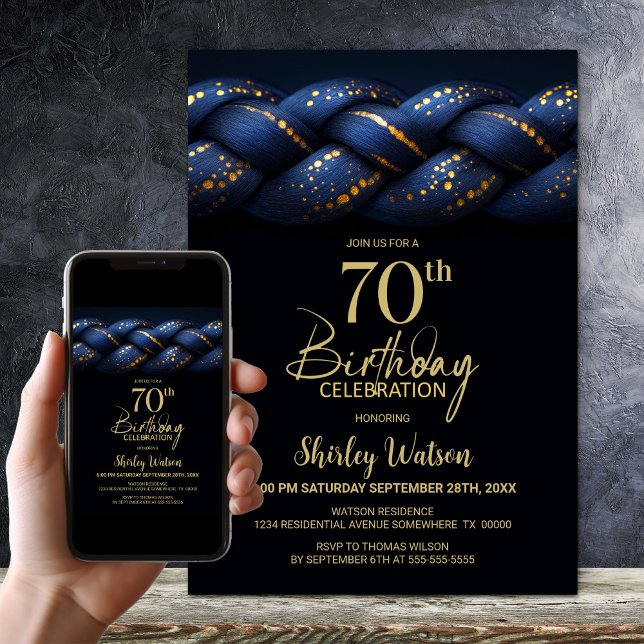 Invitación Fiesta de cumpleaños 70 de Blue Gold Braid (Subido por el creador)