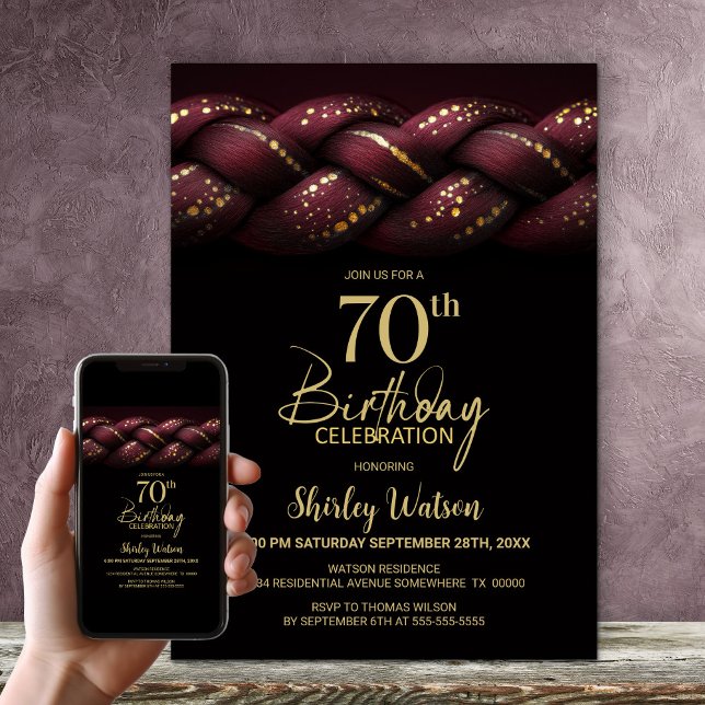 Invitación Fiesta de cumpleaños 70 de Burgundy Gold Braid (Subido por el creador)