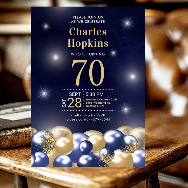 Invitación Fiesta de cumpleaños 70 de globos dorados y azul m (Subido por el creador)