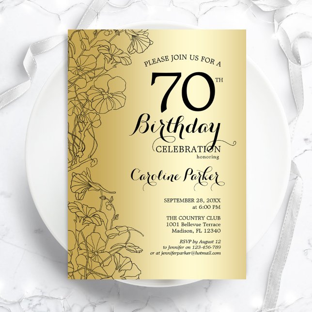 Invitación Fiesta de cumpleaños 70 de Gold Floral (Subido por el creador)