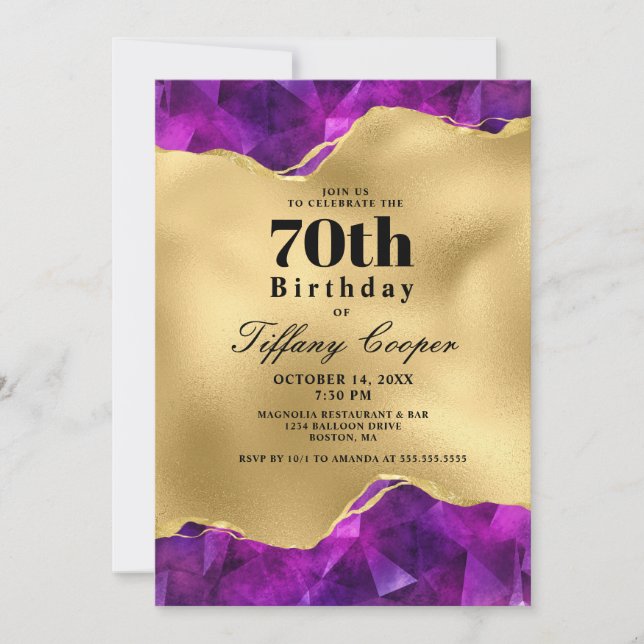Invitación Fiesta de cumpleaños 70 de Gold Purple (Anverso)