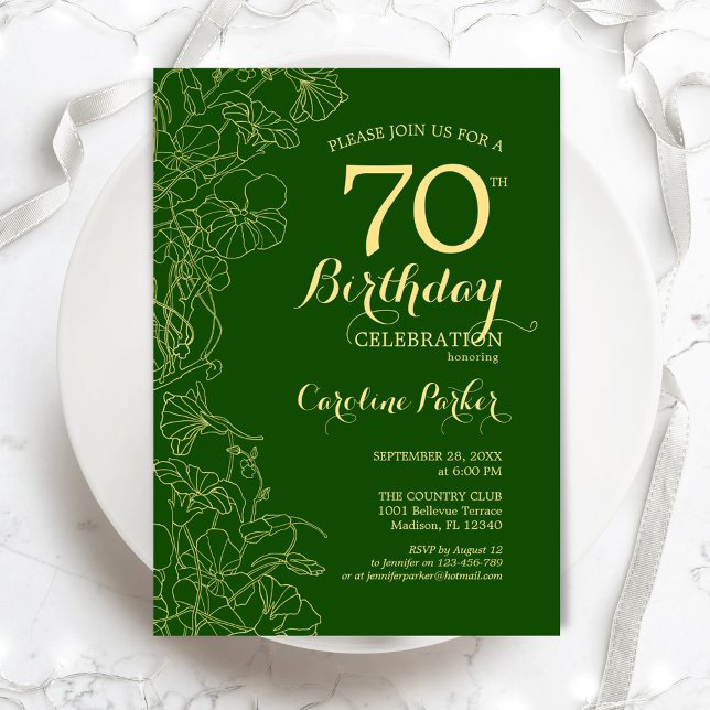 Invitación Fiesta de cumpleaños 70 de Green Gold Floral (Subido por el creador)