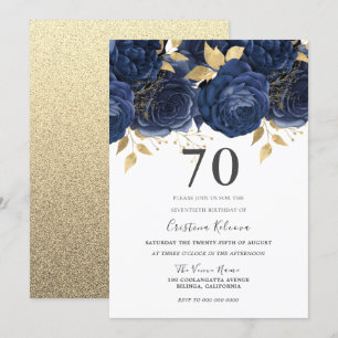 Invitación Fiesta de cumpleaños 70 de la floral de oro y azul