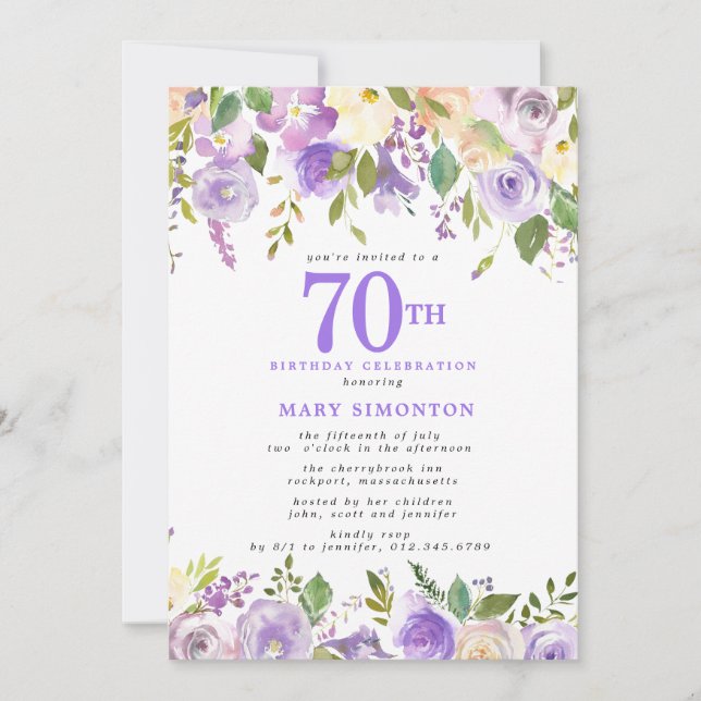 Invitación Fiesta de cumpleaños 70 de la Floral Púrpura (Anverso)