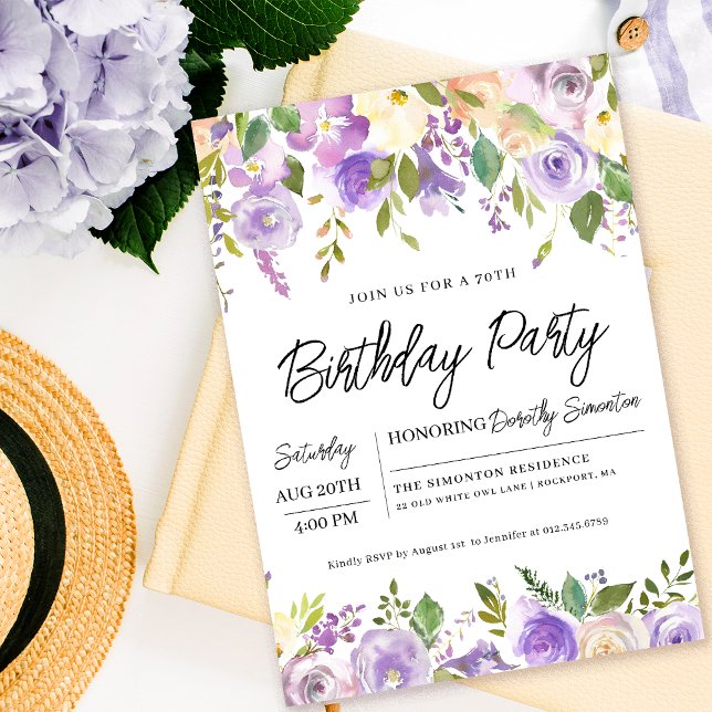 Invitación Fiesta de cumpleaños 70 de la Floral Púrpura (Matching party supplies, decor and signs available. Message me for help finding them. )