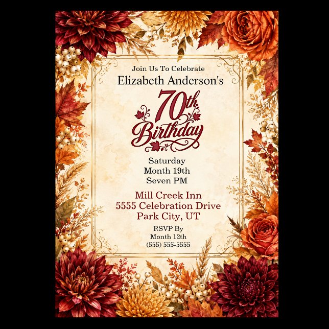 Invitación Fiesta de cumpleaños 70 de lujo de otoño (Elegant 70th birthday invitation with burgundy dahlias, orange roses, golden chrysanthemums, autumn )