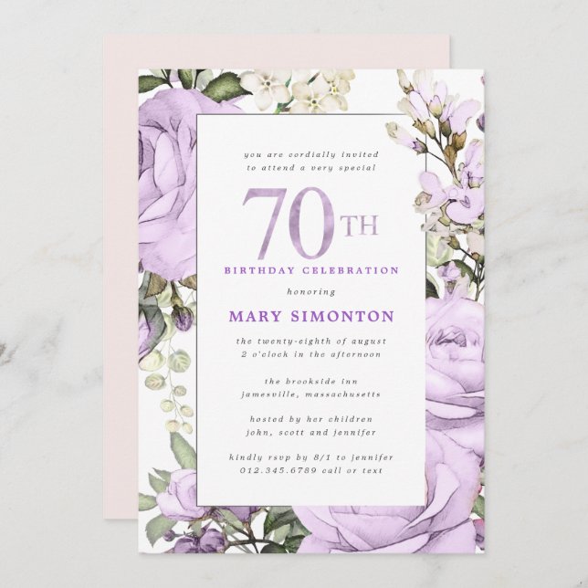 Invitación Fiesta de cumpleaños 70 de Morple Rosa Floral (Anverso / Reverso)