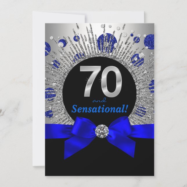 Invitación Fiesta de cumpleaños 70 de mujer azul real y plata (Anverso)