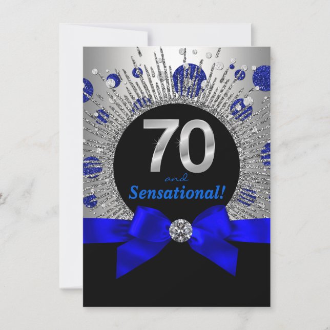 Invitación Fiesta de cumpleaños 70 de mujer azul real y plate (Anverso)