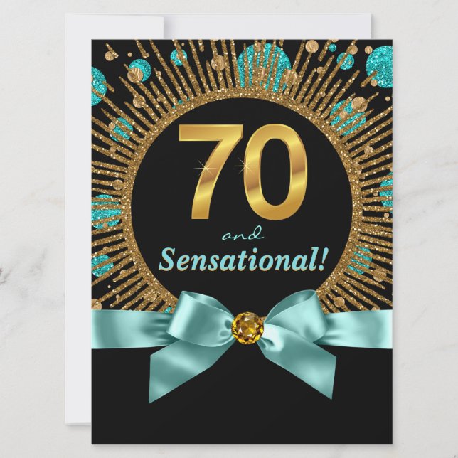 Invitación Fiesta de cumpleaños 70 de mujer azul turquesa y o (Anverso)