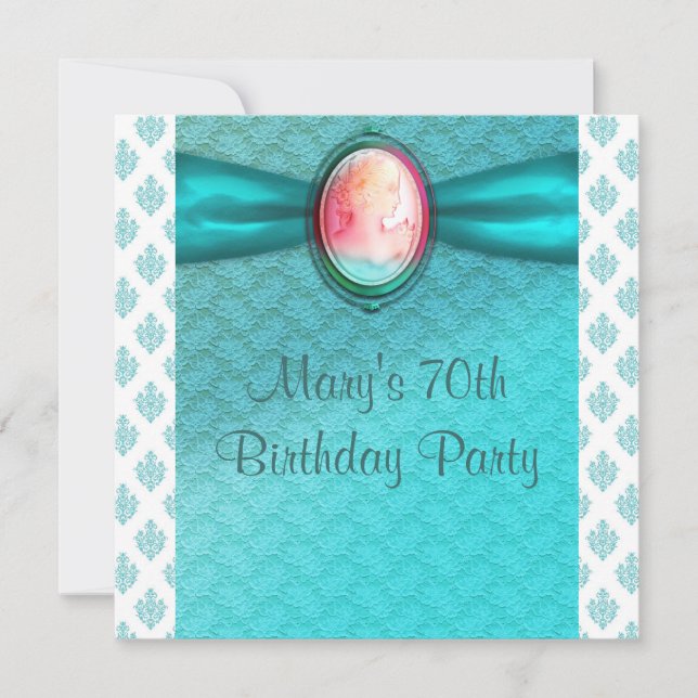 Invitación Fiesta de cumpleaños 70 de mujer Cameo Azul Verde (Anverso)