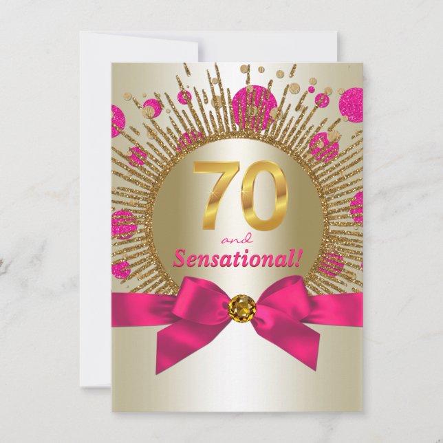 Invitación Fiesta de cumpleaños 70 de mujer fucsia dorado (Anverso)