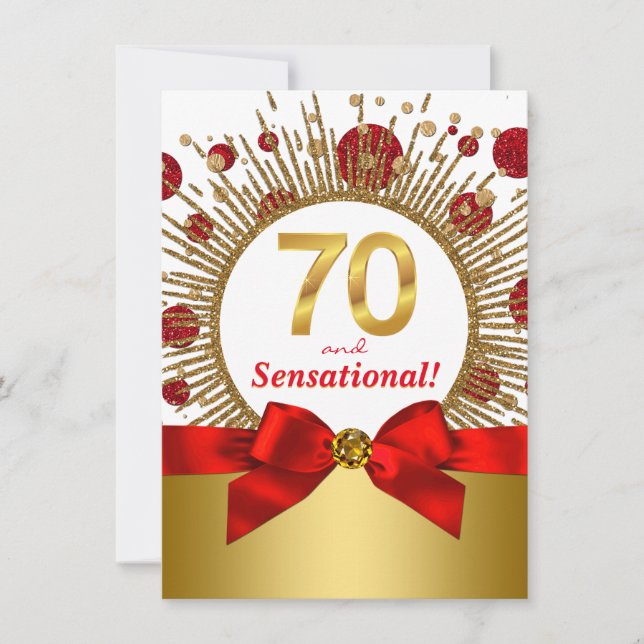 Invitación Fiesta de cumpleaños 70 de mujer rojo y dorado (Anverso)