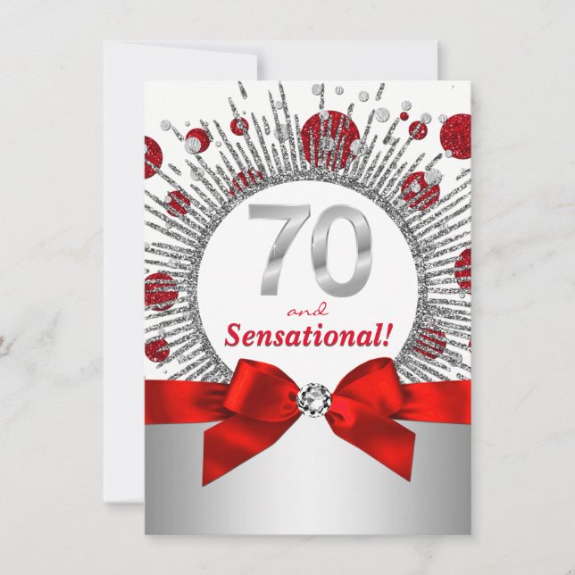 Invitación Fiesta de cumpleaños 70 de mujer Rojo y Plata (Anverso)